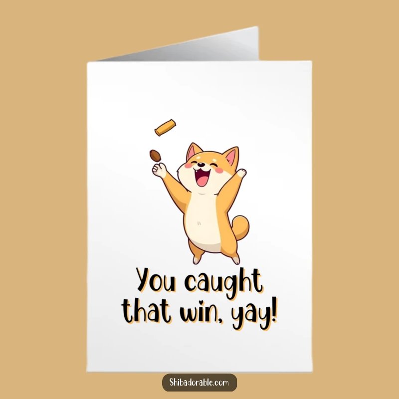 Free Printable Congrats Card: Shiba Inu Flying Treat Catch for Humorous Downloadable Gift
