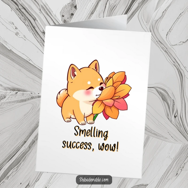 Funny Free Printable Congratulations Card: A Shiba Inu with alert, perked ears, curiously investigating a large, colorful flower.