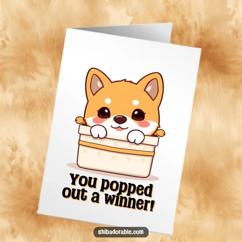 Free Printable Congratulations Card: A curious Shiba Inu puppy emerging from a gift box with wide eyes.