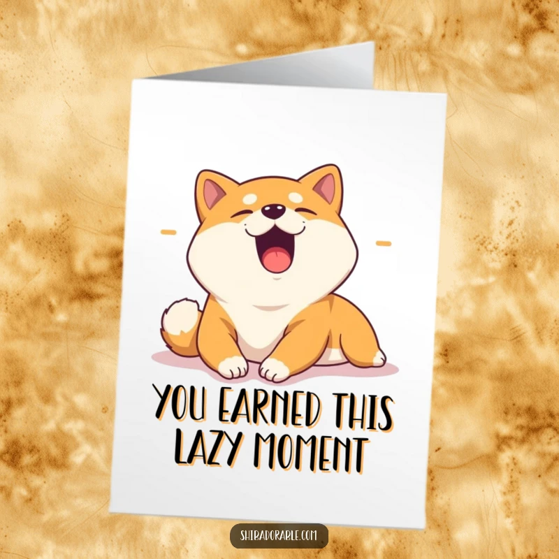Funny Free Printable Congrats Card: A Shiba Inu yawning and stretching lazily in a sunbeam, conveying relaxed celebration.