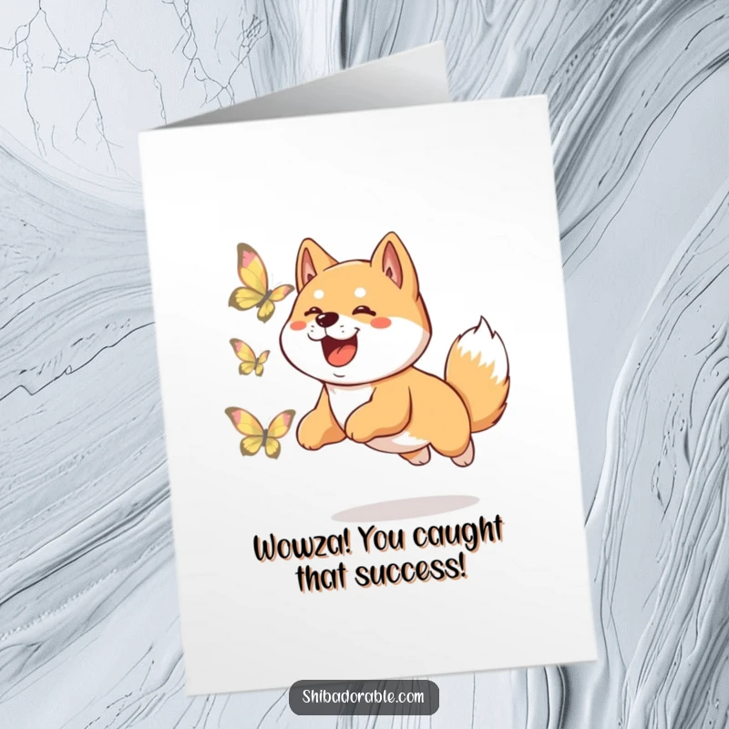 Funny Free Printable Congratulations Card: A Shiba Inu excitedly leaping for a butterfly, capturing joyful success.