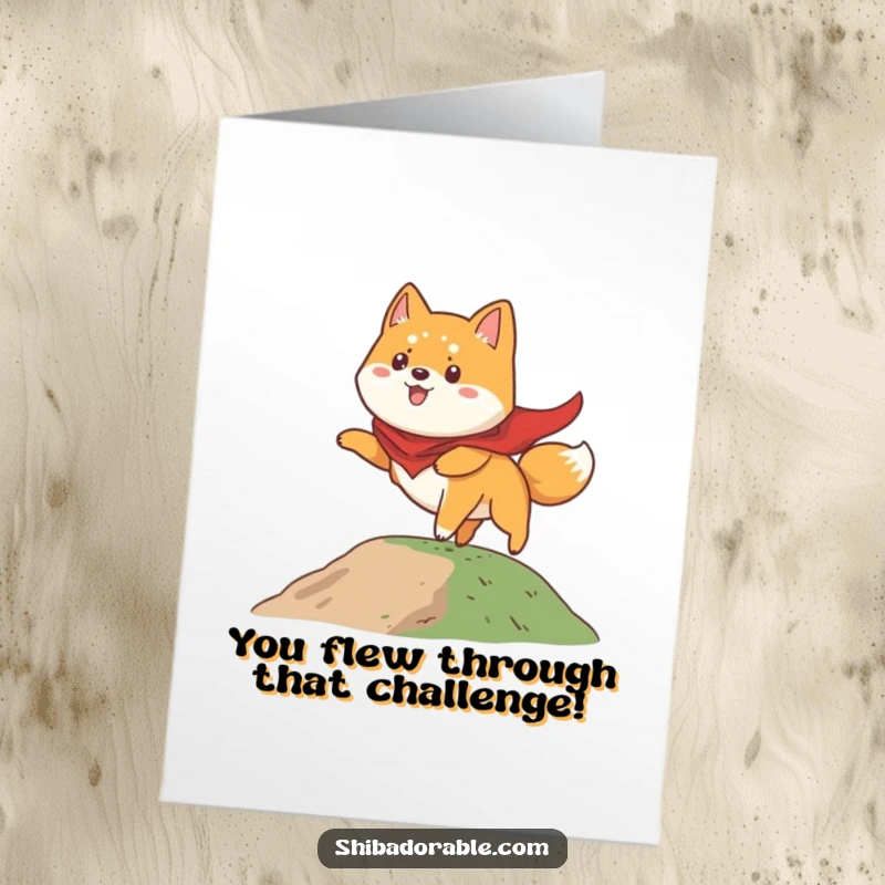 Funny Free Printable Congratulations Card: A Shiba Inu in a cape trying to fly off a hill, humorous achievement.