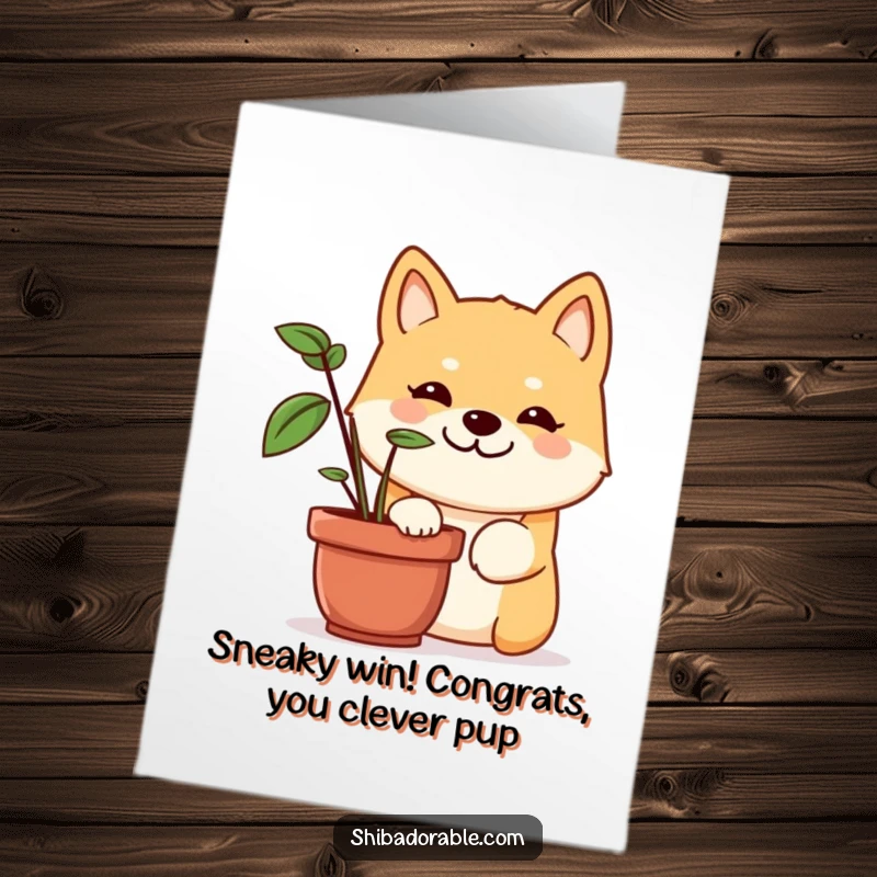 Funny Free Printable Congratulations Card: A Shiba Inu with a mischievous grin peeking from behind a plant, hinting at playful success.