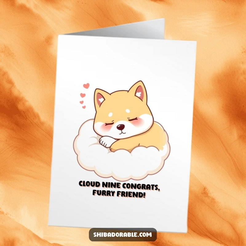Funny Free Printable Shiba Inu Congratulations Card: A content Shiba Inu dog sleeps soundly on a cloud, offering warm wishes.