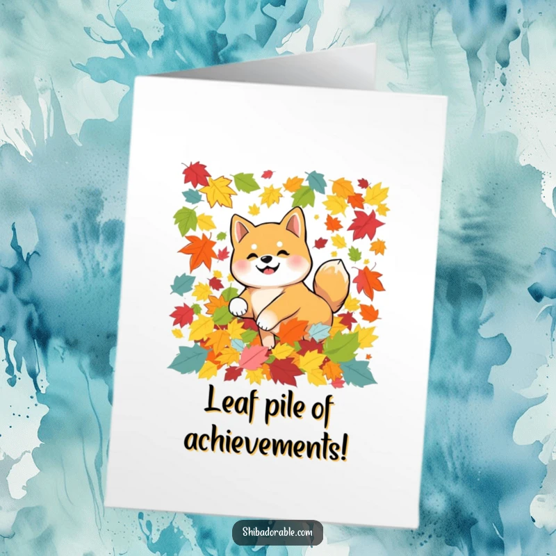 Funny Free Printable Congratulations Card: Shiba Inu dog joyfully tumbles in a pile of colorful leaves.
