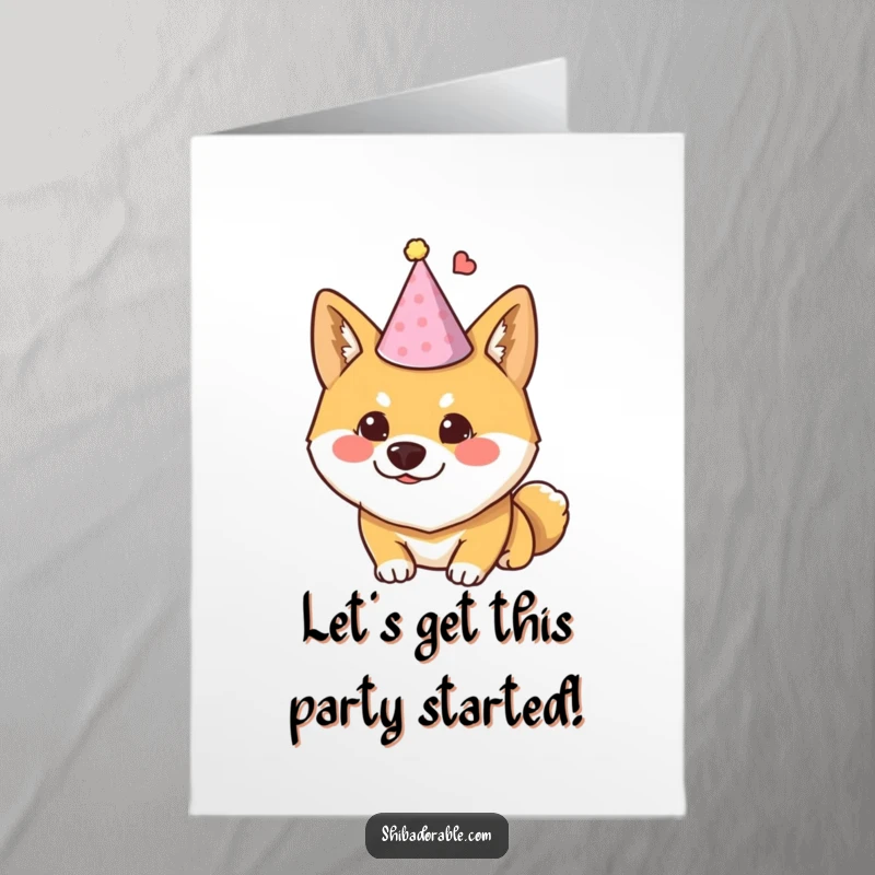 Funny Free Printable Congratulations Card: Shiba Inu dog wearing a tilted party hat, looking sly and up to no good.