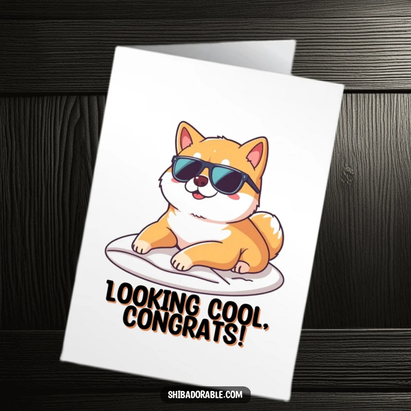Funny Free Printable Congratulations Card: A Shiba Inu sports sunglasses, lounging on a sunbeam, congratulating your awesome achievement.
