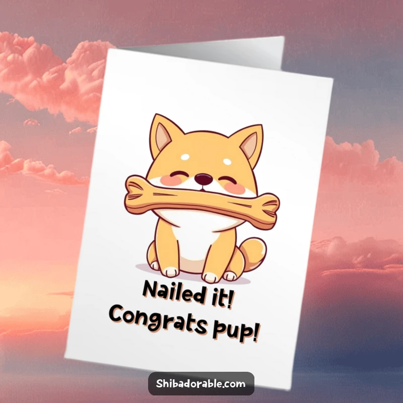 Funny Free Printable Congratulations Card: Shiba Inu dog balancing a bone on its nose, symbolizing achievement.