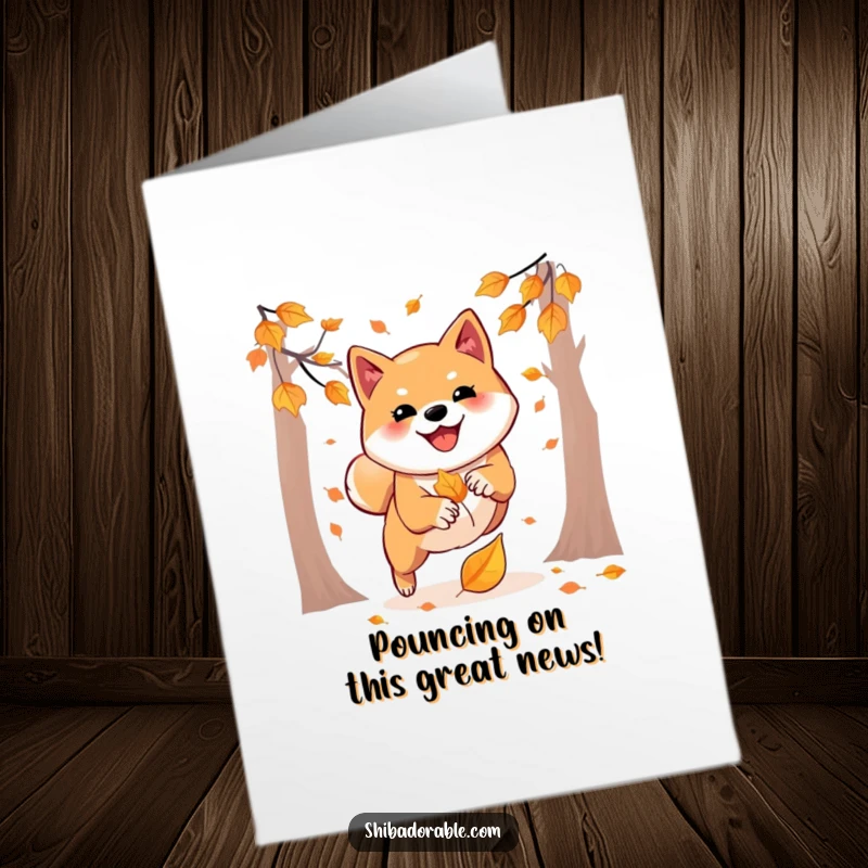 Free Printable Congratulations Card: Shiba Inu energetically pouncing on an autumn leaf, a downloadable card for celebrating wins.