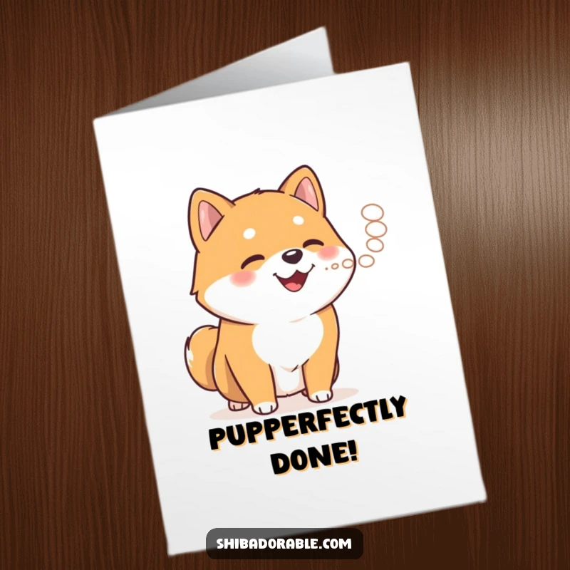 Funny Free Printable Congratulations Card: A Shiba Inu pants happily, breathing out steam to celebrate your amazing achievement.
