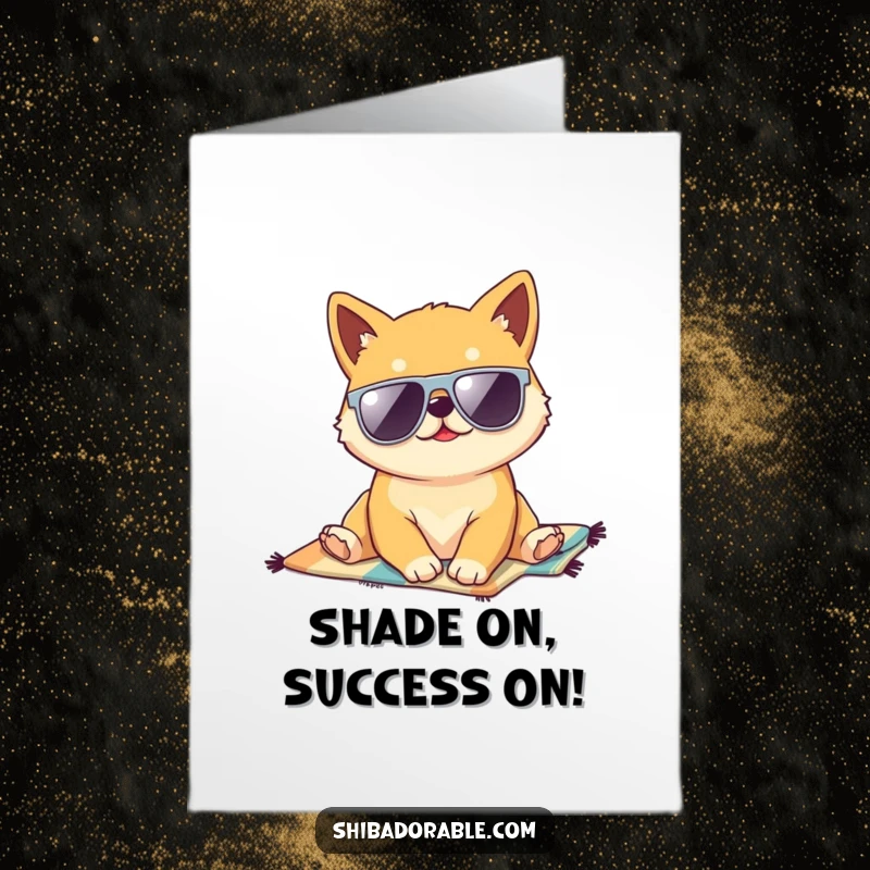 Funny Free Printable Congrats Card: Kawaii Shiba Inu puppy sunglasses lounging on beach towel celebrating.