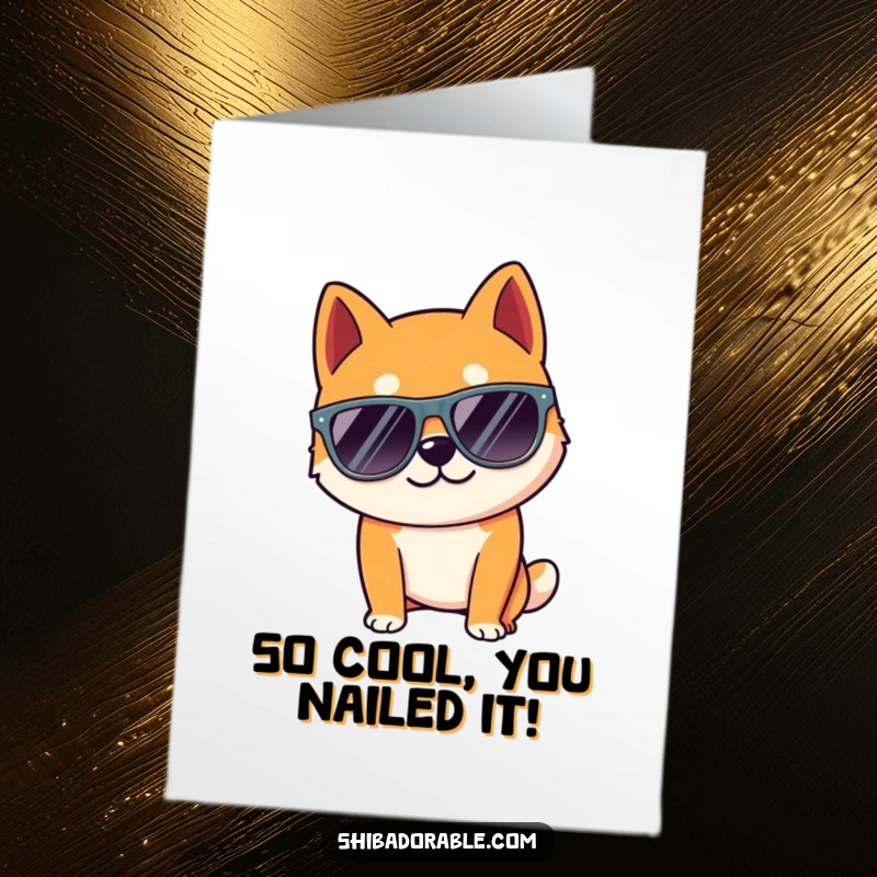 Funny Free Printable Congrats Card: Shiba Inu dog in oversized sunglasses, striking a confident, cool pose for celebration.