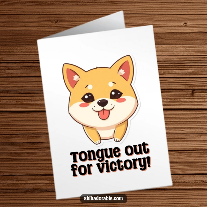 Free Printable Congratulations Card: A Shiba Inu with a funny expression and its tongue sticking out slightly, celebrating success playfully.