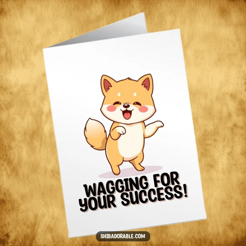 Free Printable Congratulations Card: Shiba Inu doing a happy jig with a furiously wagging tail, a downloadable celebratory dance.
