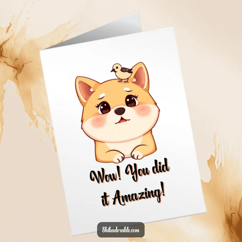 Funny Free Printable Congrats Card: Shiba Inu looking utterly shocked as a small bird alights on its head, a surprise.