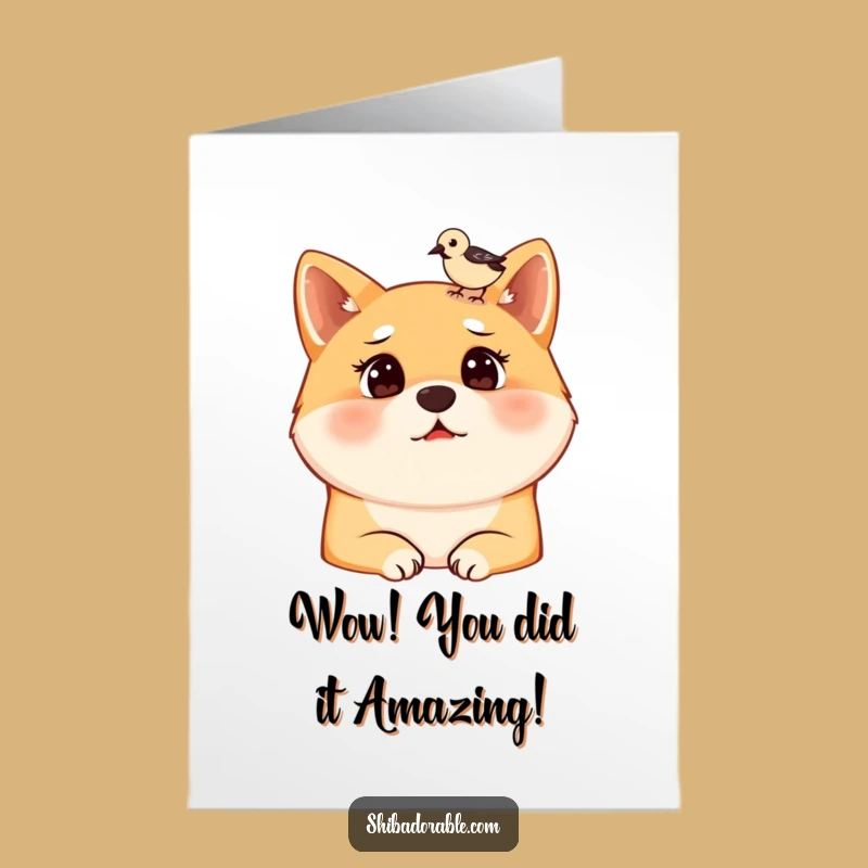 Free Printable Congrats Card: Shocked Shiba Inu & Bird, Surprise Downloadable Gift