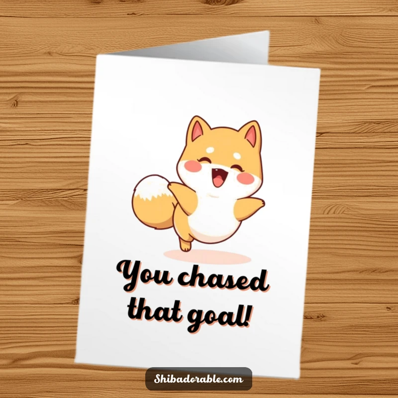 Free Printable Congrats Card: A happy Shiba Inu dog energetically chases its tail in a continuous circle.