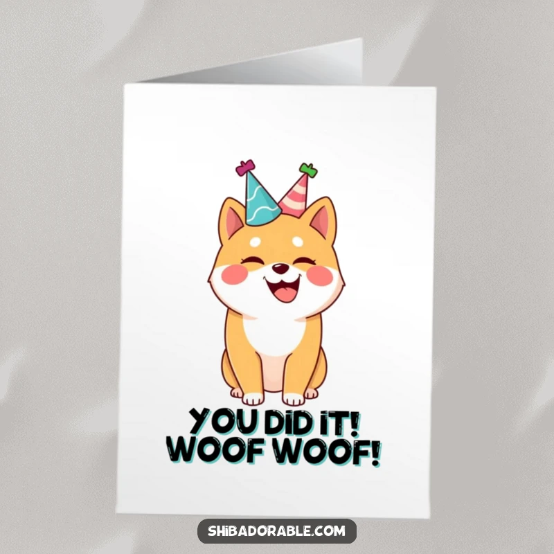 Funny Free Printable Congrats Card: Happy Shiba Inu dog with party hat and wagging tail, celebrating achievements.