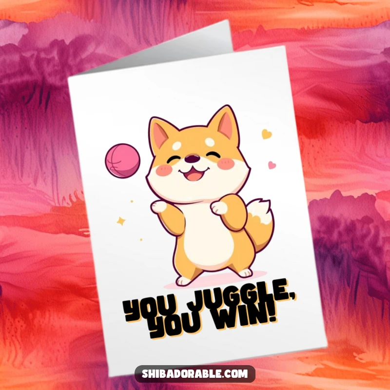 Free Printable Congratulations Card: A smiling Shiba Inu expertly juggling several colorful balls with its paws, showcasing impressive skills.