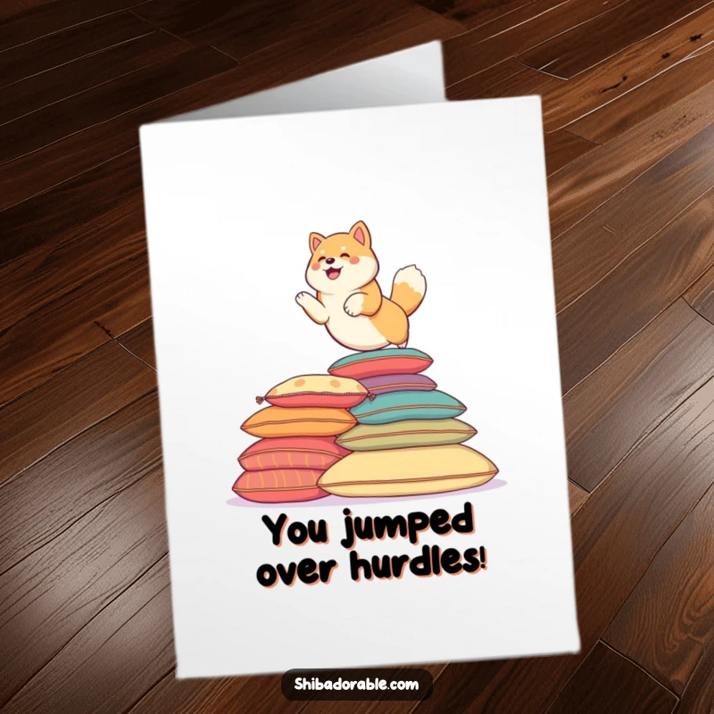 Funny Free Printable Congrats Card: Shiba Inu dog triumphantly leaping over colorful cushions, celebrating a successful achievement.