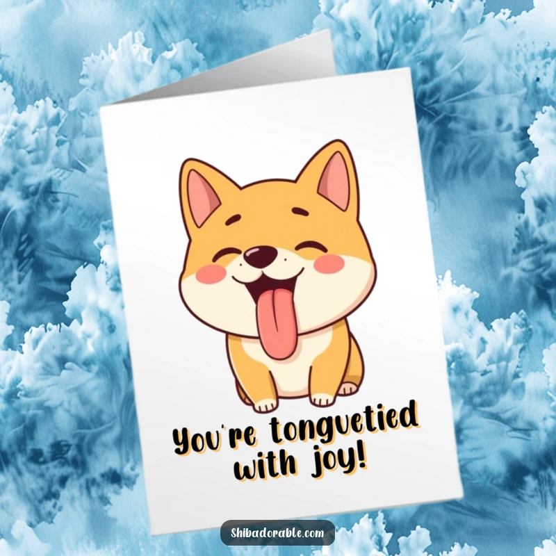 Free Printable Congratulations Card: A Shiba Inu pants happily, tongue lolling out, radiating pure joy and excitement.