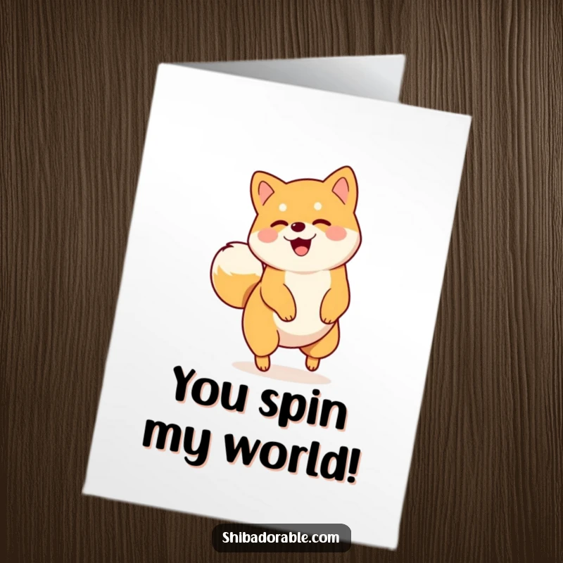 Funny Free Printable Congratulations Card: A Shiba Inu joyfully spinning in a circle, tail wagging, celebrating happy news.