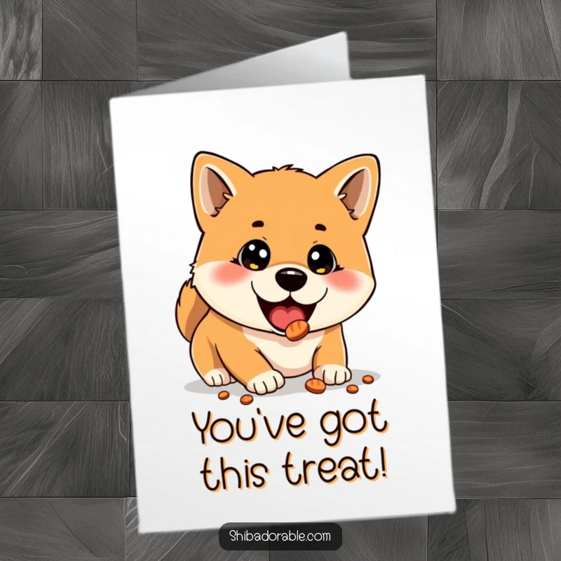 Free Printable Congratulations Card: Shiba Inu with wide eyes, excitedly discovering a hidden treat, a downloadable celebratory card.