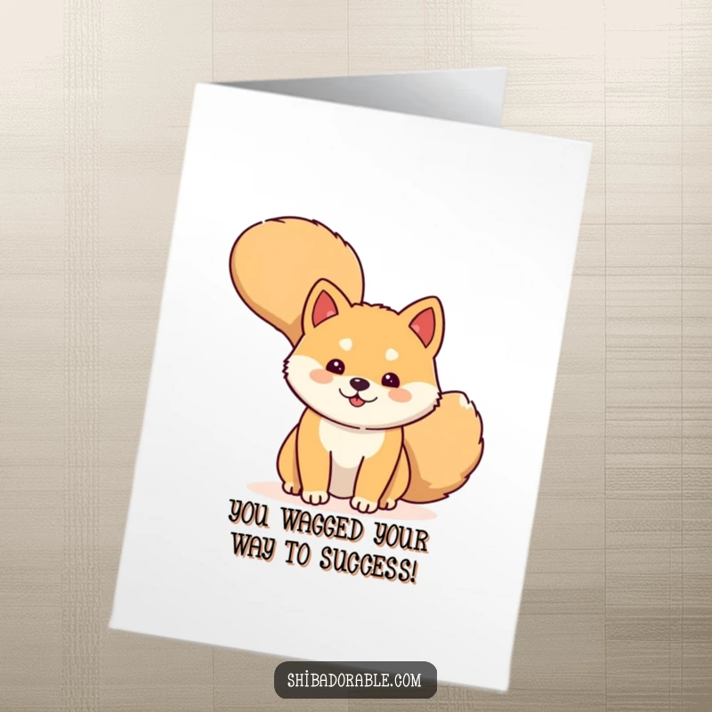 Free Printable Congratulations Card: A Shiba Inu peeking shyly from behind its wagging tail, celebrating success with adorable charm.
