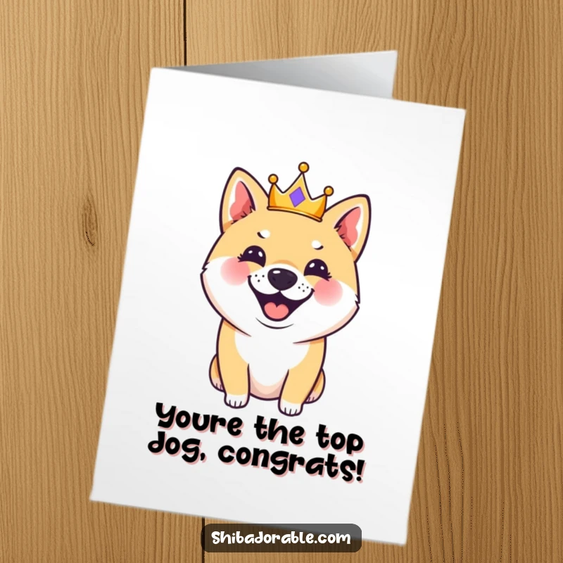 Funny Free Printable Congratulations Card: A Shiba Inu in a tiny crown barking triumphantly, celebrating success.