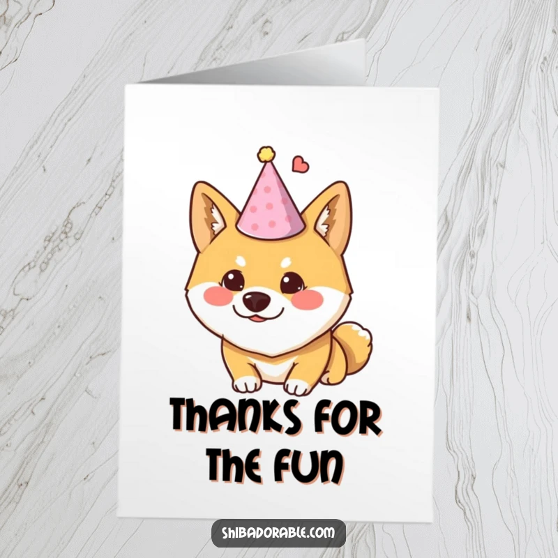 Funny Free Printable Thank You Card: A Shiba Inu dog wearing a tiny party hat, looking sideways with a mischievous expression.