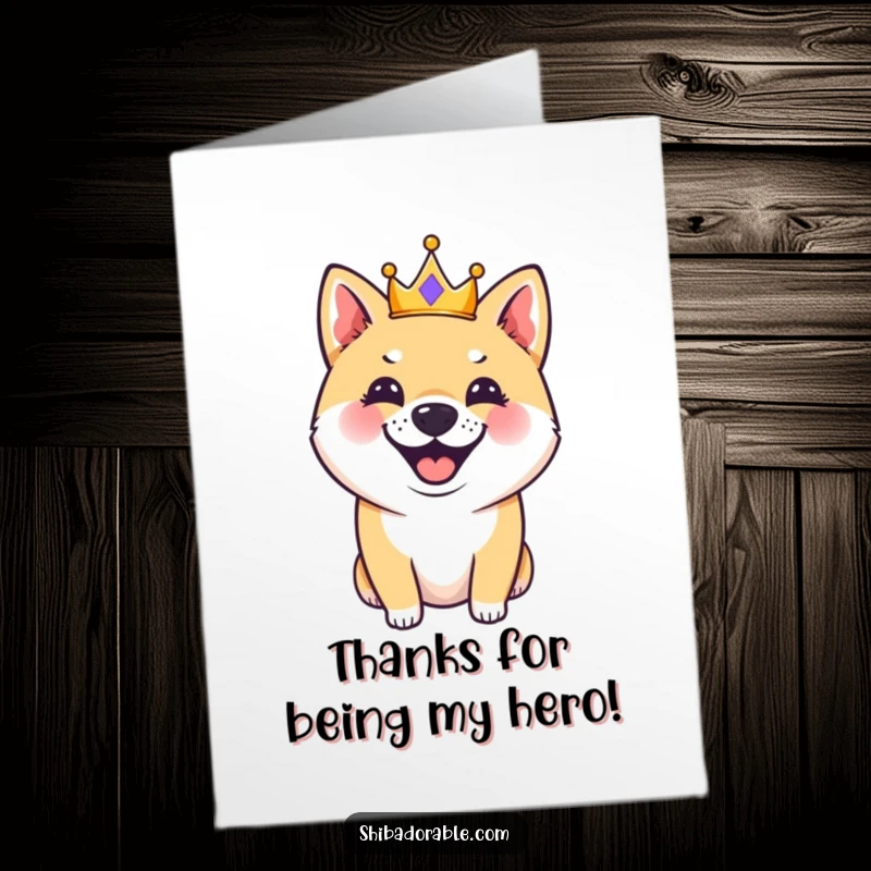 Funny Free Printable Thank You Card: A Shiba Inu wearing a crown, barking heartfelt thanks with joy.