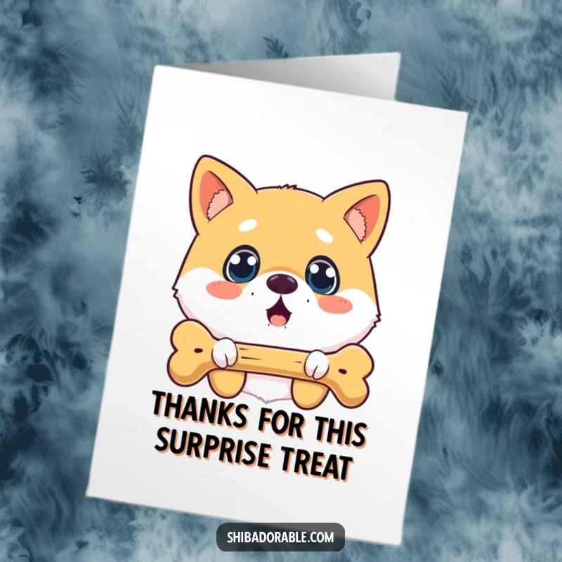 Free Printable Thank You Card: A surprised Shiba Inu dog with wide eyes gazes at a floating dog bone.
