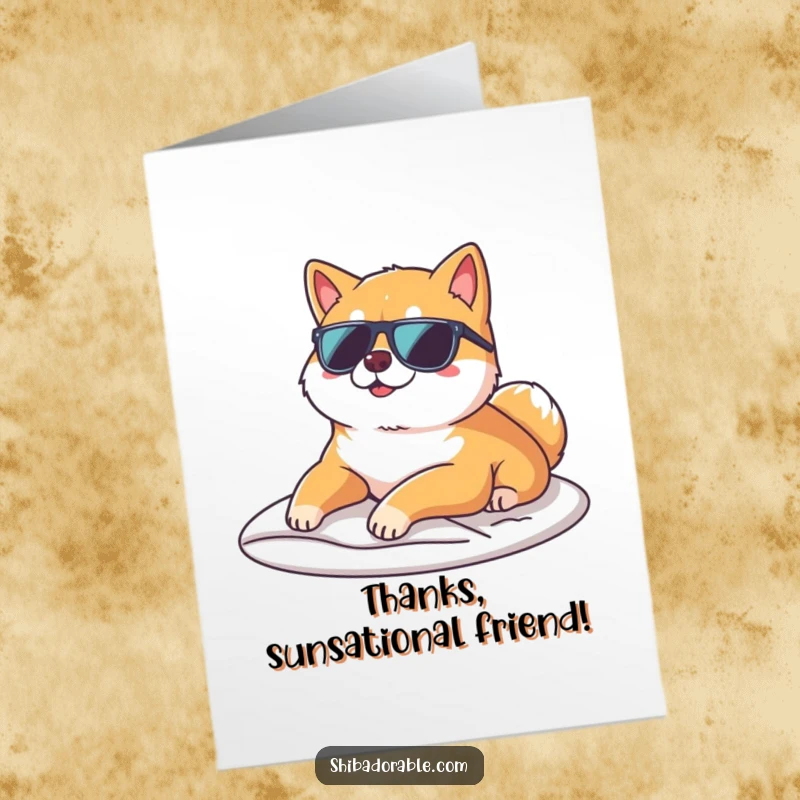 Funny Free Printable Thank You Card: A Shiba Inu in sunglasses lounges on a sunbeam, offering a cool and relaxed thank you.