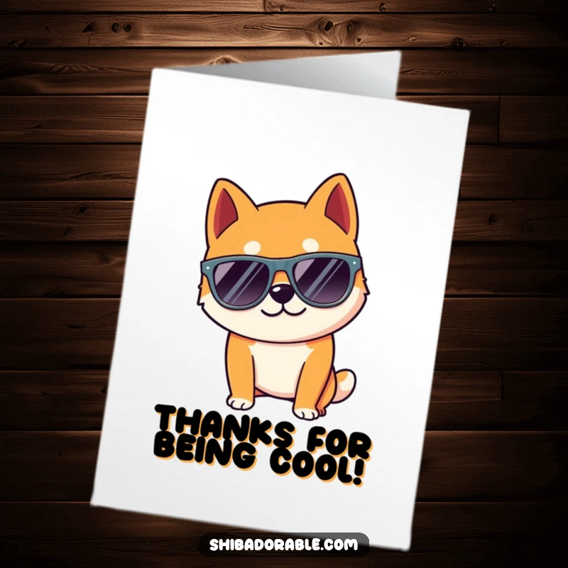 Funny Free Printable Thank You Card: Shiba Inu dog wearing cool oversized sunglasses, striking a relaxed, stylish pose, expressing thanks.