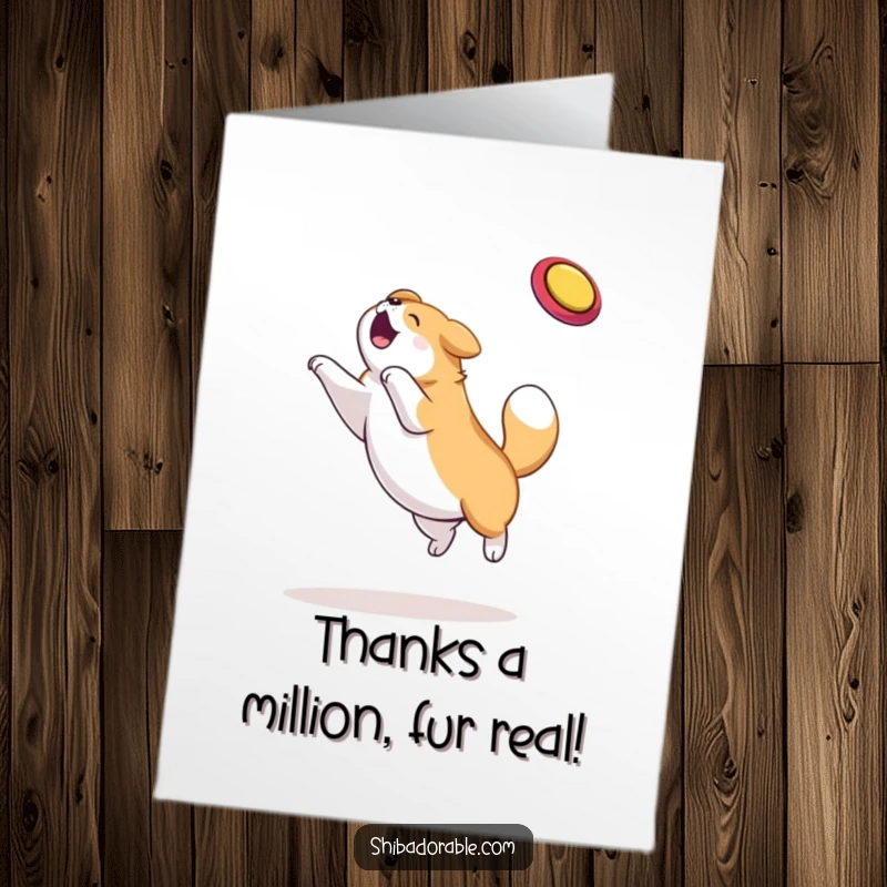 Funny Free Printable Thank You Card, happy dog leaping high to catch a frisbee, showcasing gratitude and fun