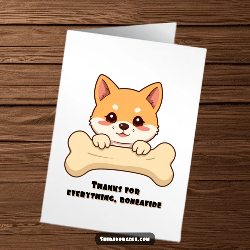Funny Free Printable Thank You Card: A Shiba Inu with floppy ears, peeking happily over an enormous bone with gratitude.