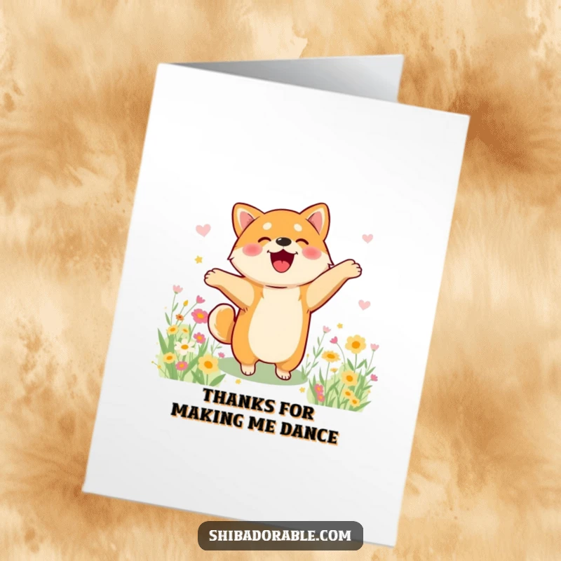 Funny Free Printable Thank You Card: Shiba Inu doing a silly, ecstatic happy dance in a lush field bursting with colourful flowers.