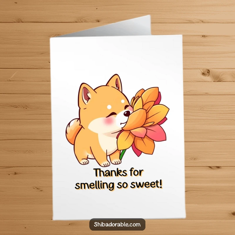 Funny Free Printable Thank You Card: Shiba Inu with perked ears, nose close to a giant, vividly colored flower, exploring.
