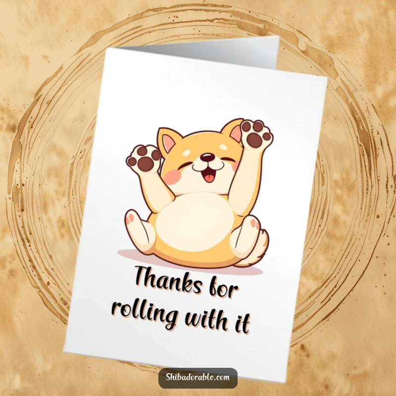 Funny Free Printable Thank You Card: A Shiba Inu rolling on its back with its paws in the air, expressing playful gratitude.