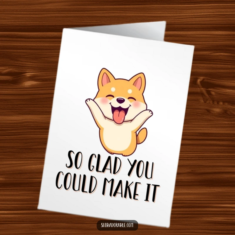 Funny Free Printable Thank You Card featuring a joyful Shiba Inu dog mid-leap with its tongue out.