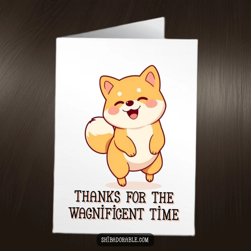 Funny Free Printable Thank You Card: A Shiba Inu happily spinning in a circle, tail a blur, a fun way to say thanks.