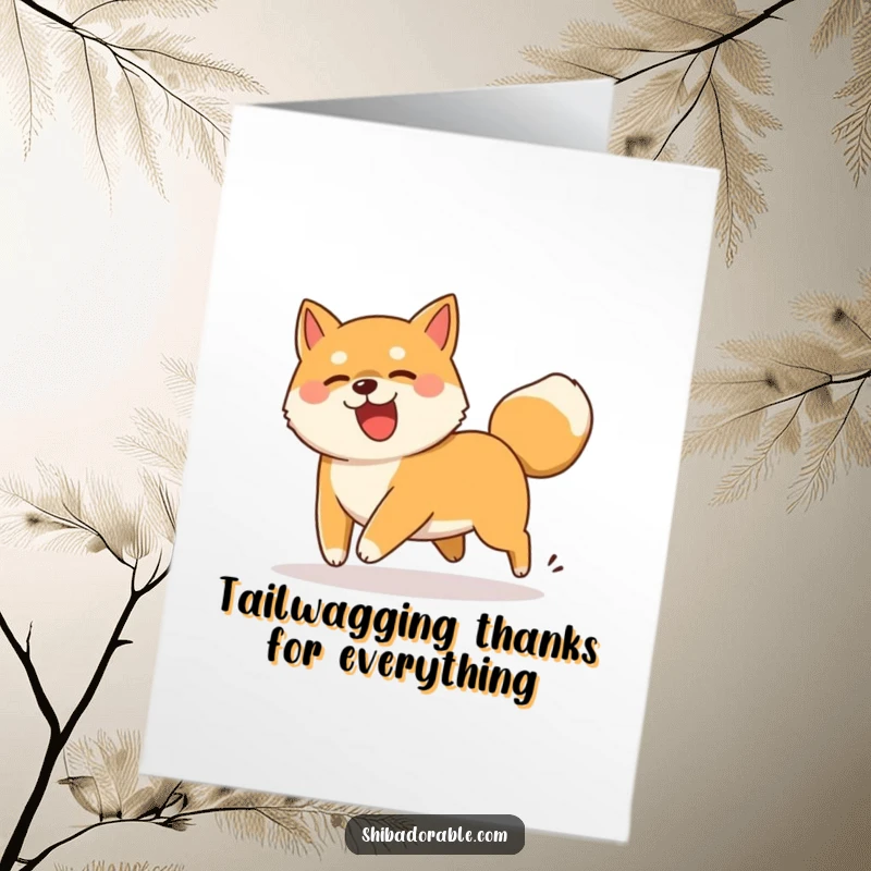 Funny Free Printable Thank You Card of a Shiba Inu dog comically chasing its own furiously wagging tail.