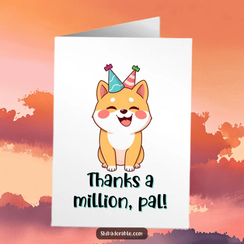 Funny Free Printable Thank You Card: Joyful Shiba Inu dog wearing a party hat, wagging tail gratefully.