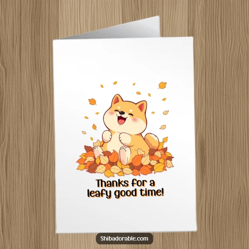 Funny Free Printable Thank You Card: Shiba Inu rolling happily in a pile of colorful autumn leaves, pure bliss.
