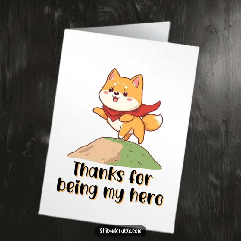 Funny Free Printable Thank You Card: A Shiba Inu wearing a cape, attempting to fly from a hill, a funny thank you.