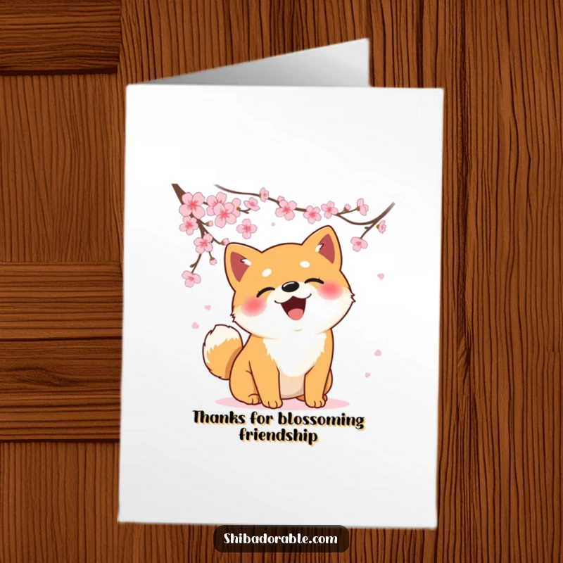 Funny Free Printable Thank You Card: Shiba Inu enthusiastically chasing falling cherry blossoms, a delightful way to express thanks.