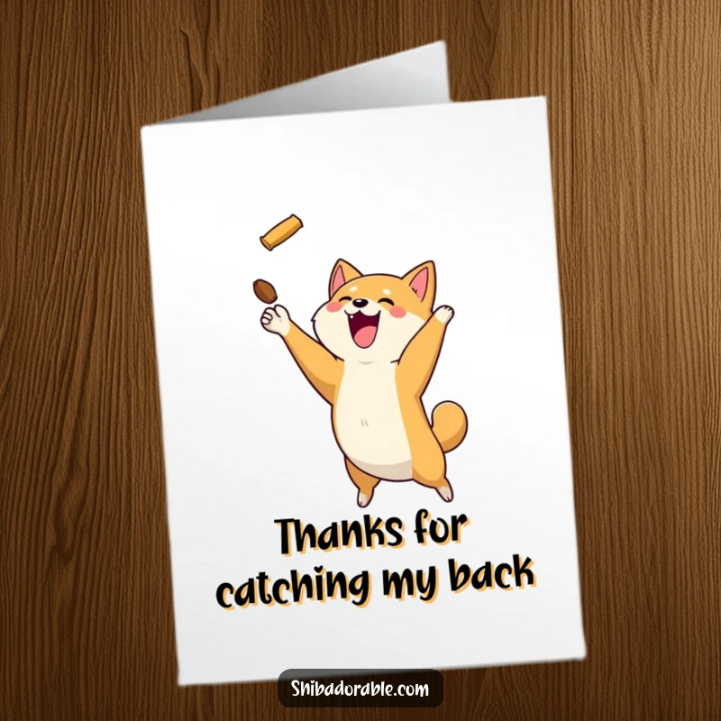 Funny Free Printable Thank You Card: A happy Shiba Inu dog mid-leap, catching a delicious flying treat.