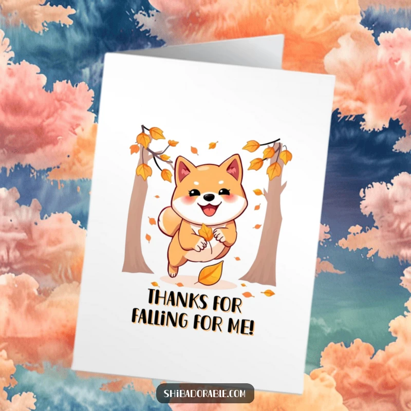 Free Printable Thank You Card: A Shiba Inu playfully leaping at an autumn leaf, a downloadable thank you message.