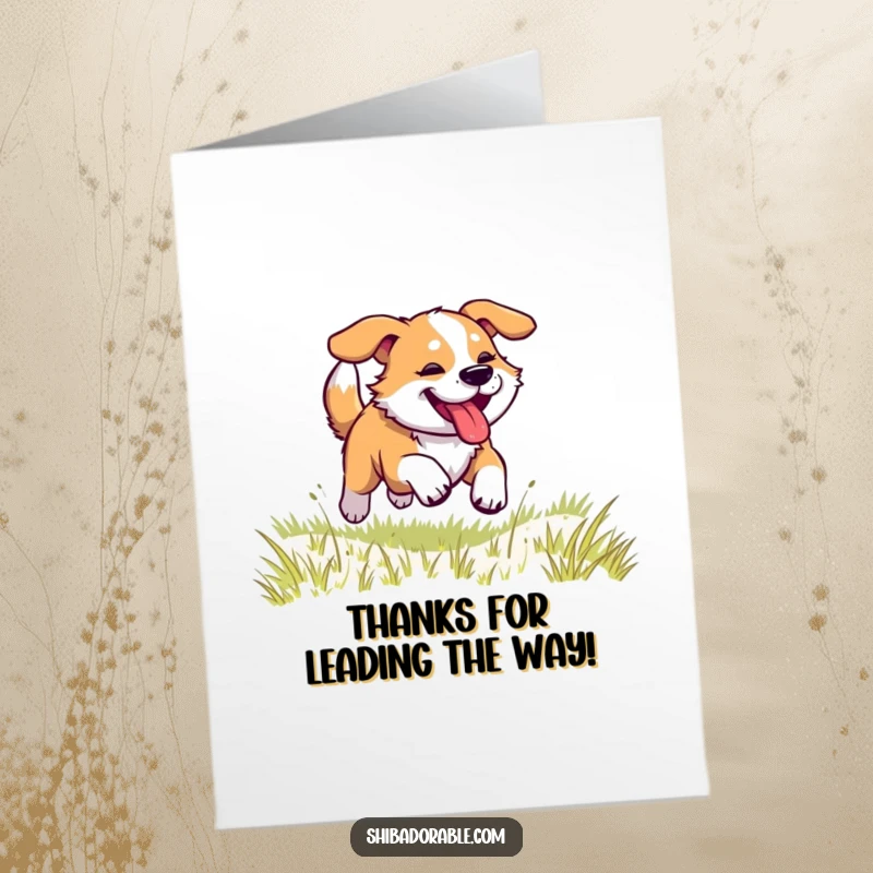Funny Free Printable Thank You Card, dog racing across a grassy field with legs kicking and panting tongue, expressing thanks energetically