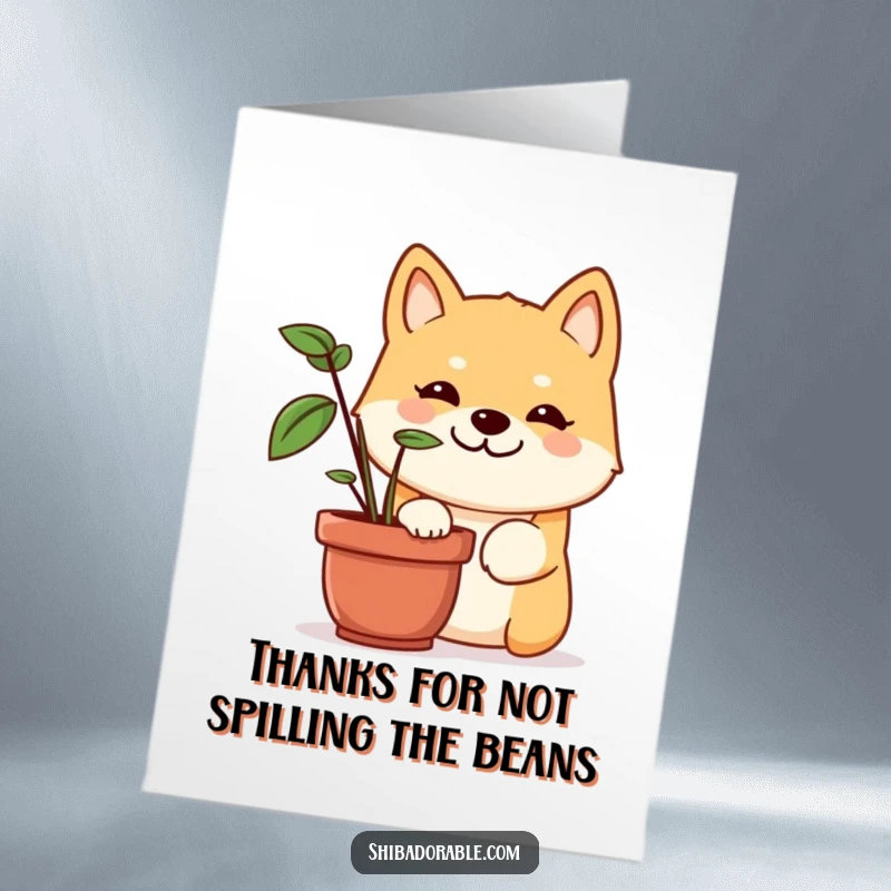 Funny Free Printable Thank You Card: A Shiba Inu with a mischievous grin peeking from behind a plant, a funny thank you.
